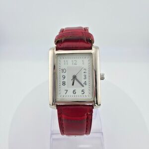 Ladies Watch Rectangle Stainless Steel Case Red Alligator Leather Band 8"